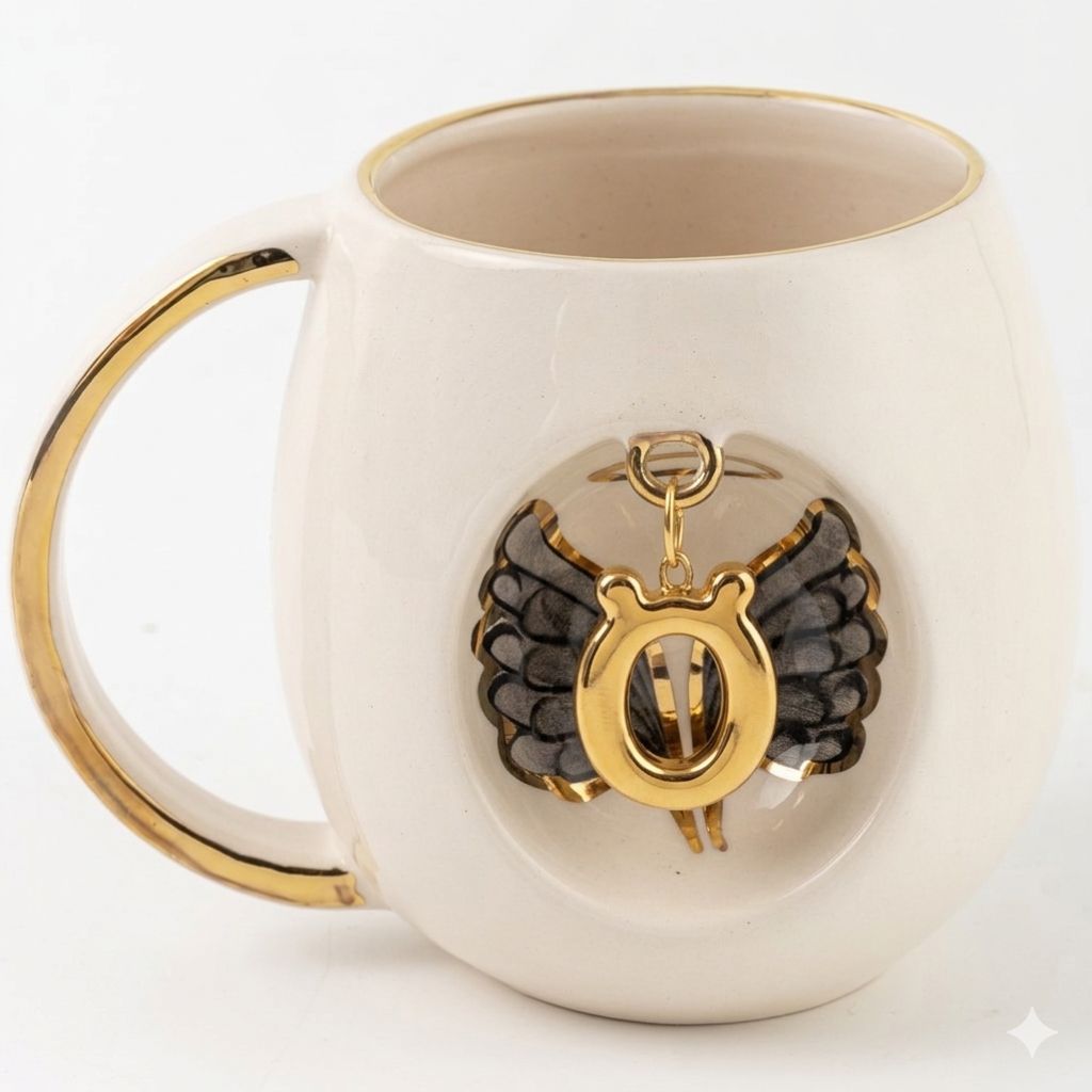 White porcelain mug with gold handle, black angel wings, and gold letter E pendant emblem.