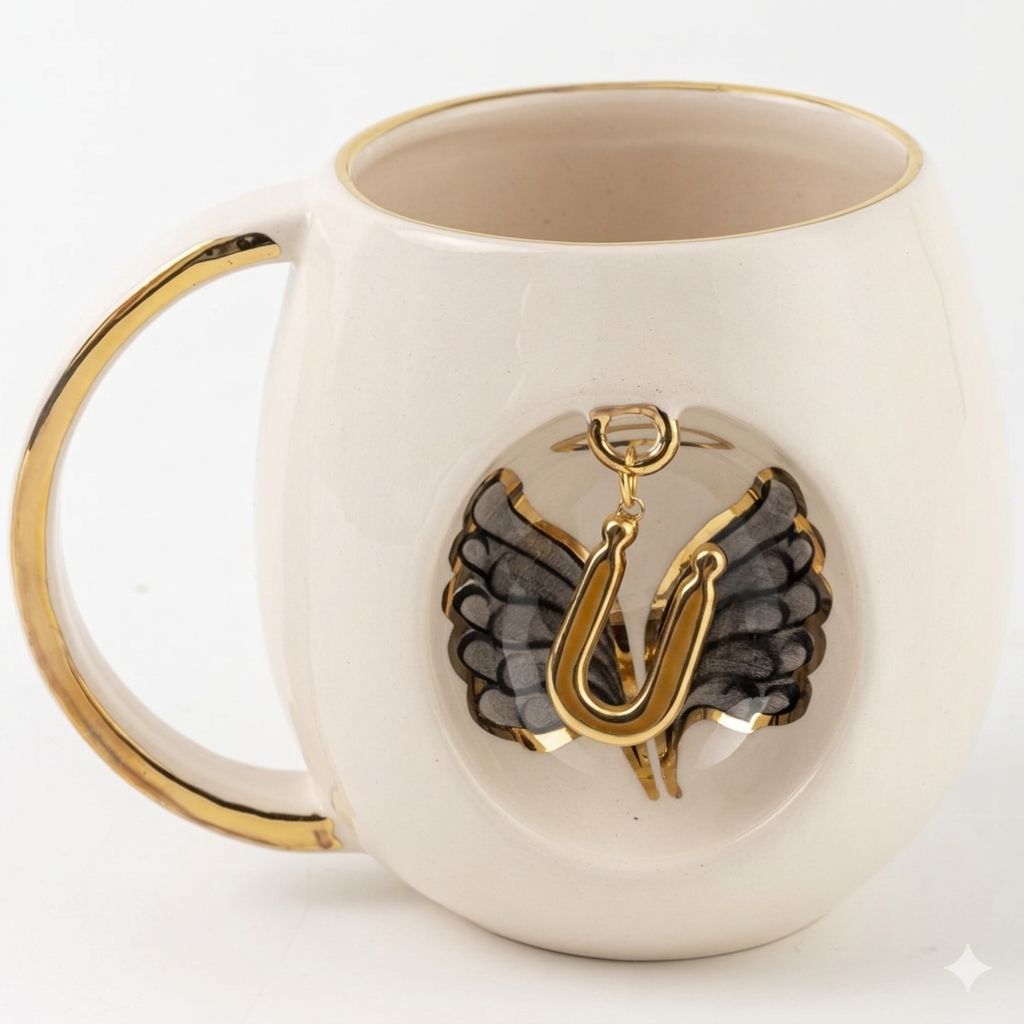 Porcelain mug with gold handle and rim, angel wing motif, gold letter pendant