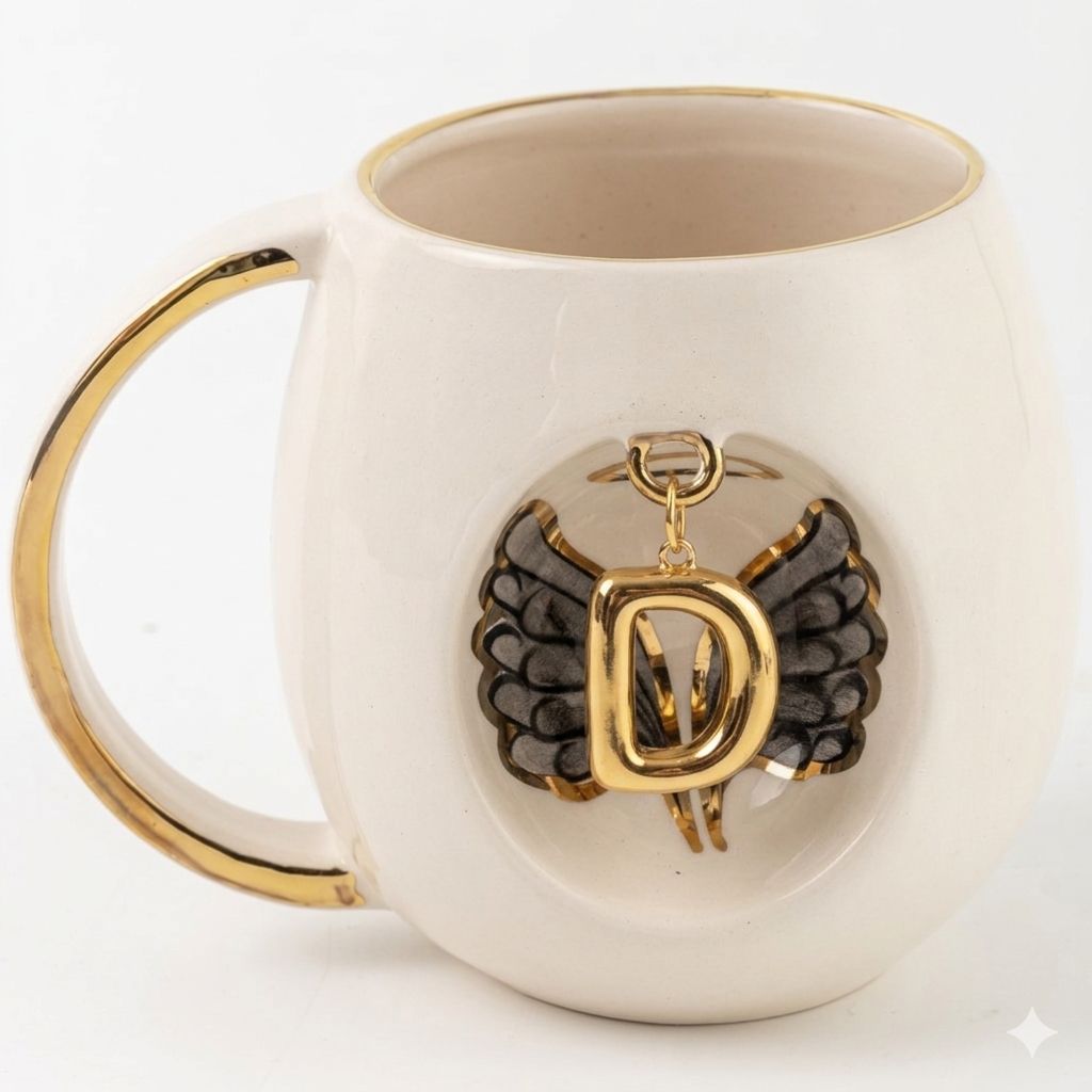 White porcelain mug with gold handle trim, black angel wings, and gold letter D pendant emblem.
