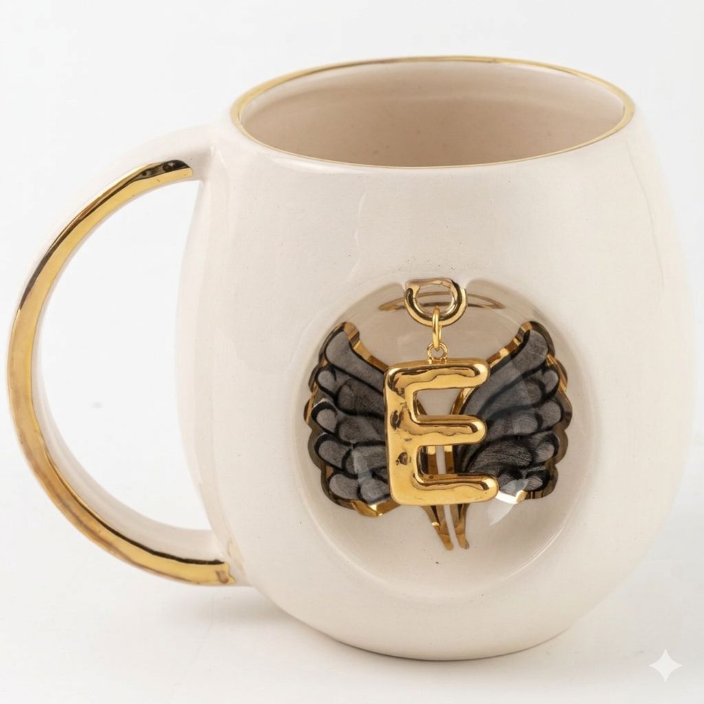 White porcelain mug with gold handle, black angel wings, and gold letter E pendant emblem.