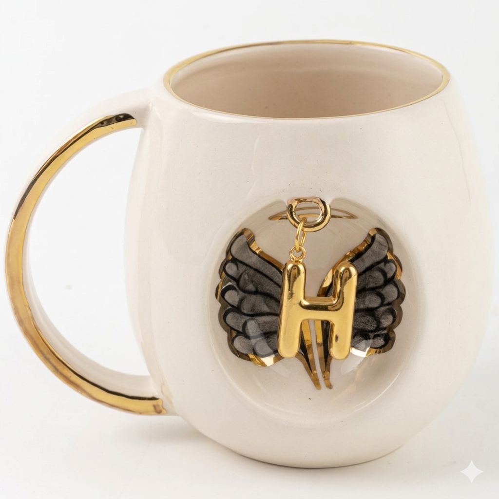White porcelain mug with gold handle and gold letter charm with black wing motif on front
