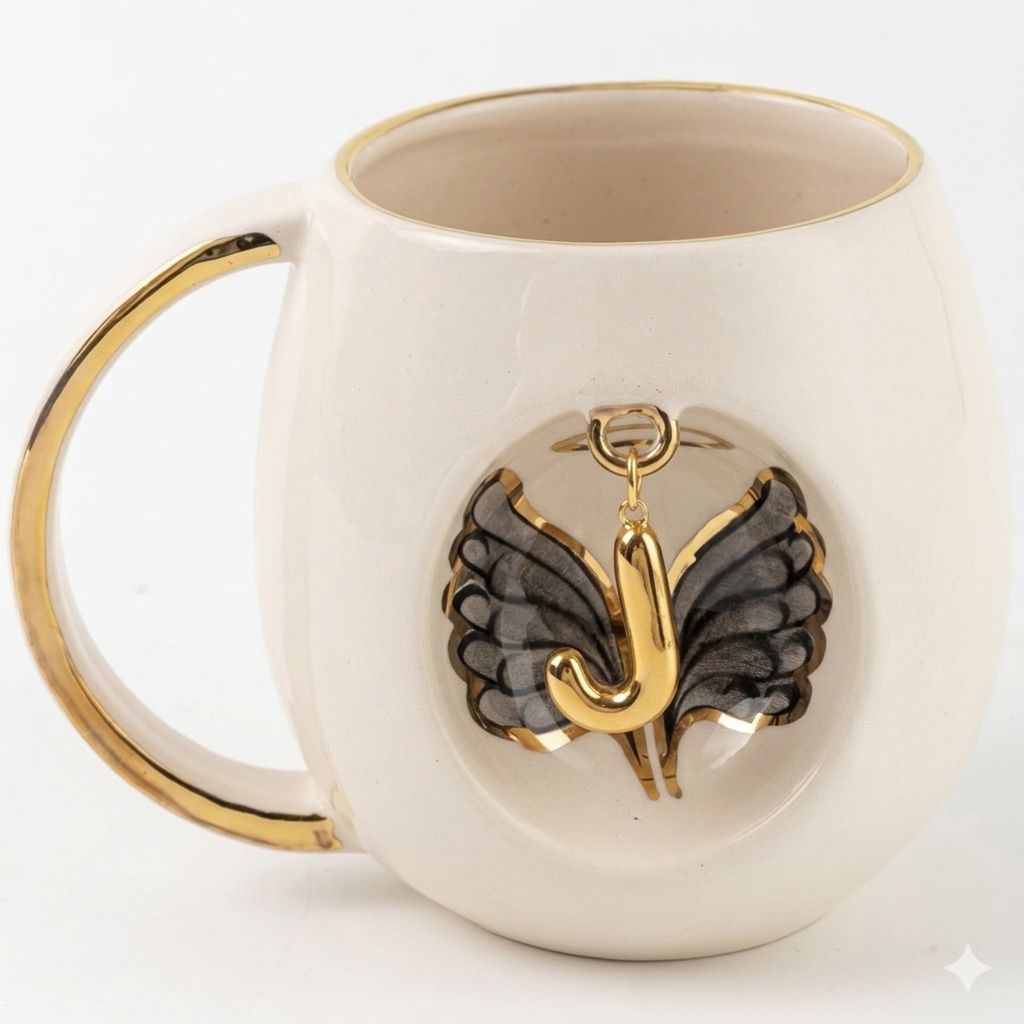 White porcelain mug with gold handle and gold letter charm with black wings centered on front