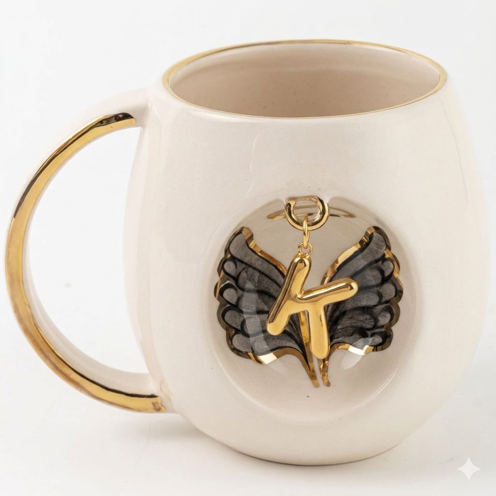 White porcelain mug with gold handle and gold letter charm with black wing motif on front