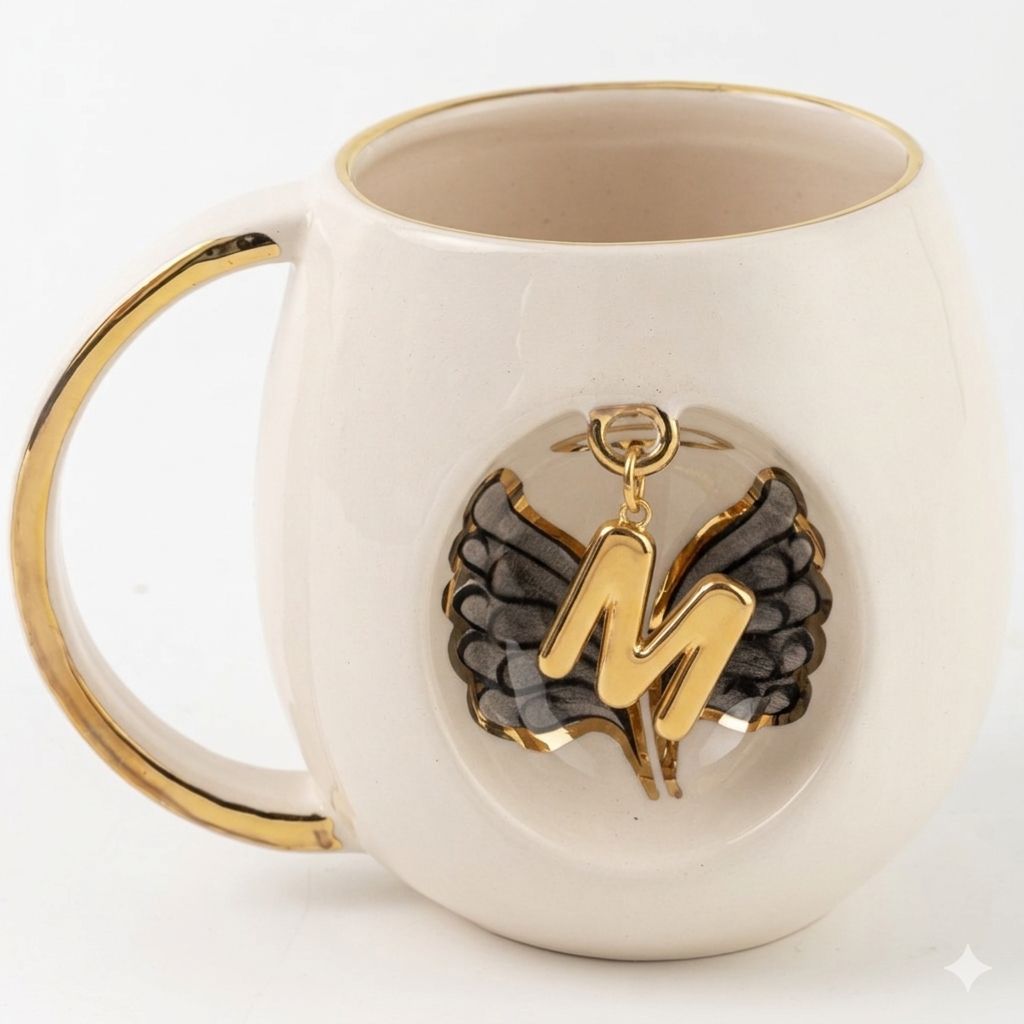 White porcelain mug featuring a gold letter charm over black angel wings, 230 ml