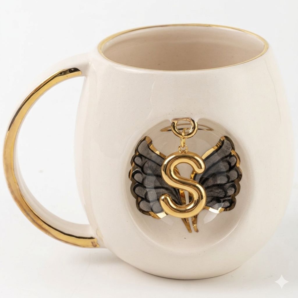White porcelain mug with gold handle, black angel wings, and gold letter S pendant emblem.