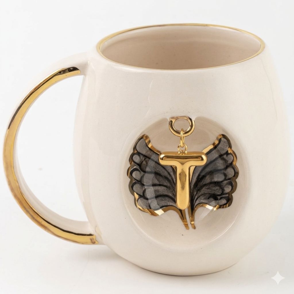 White porcelain mug with gold letter charm and black angel wings, 230 ml capacity