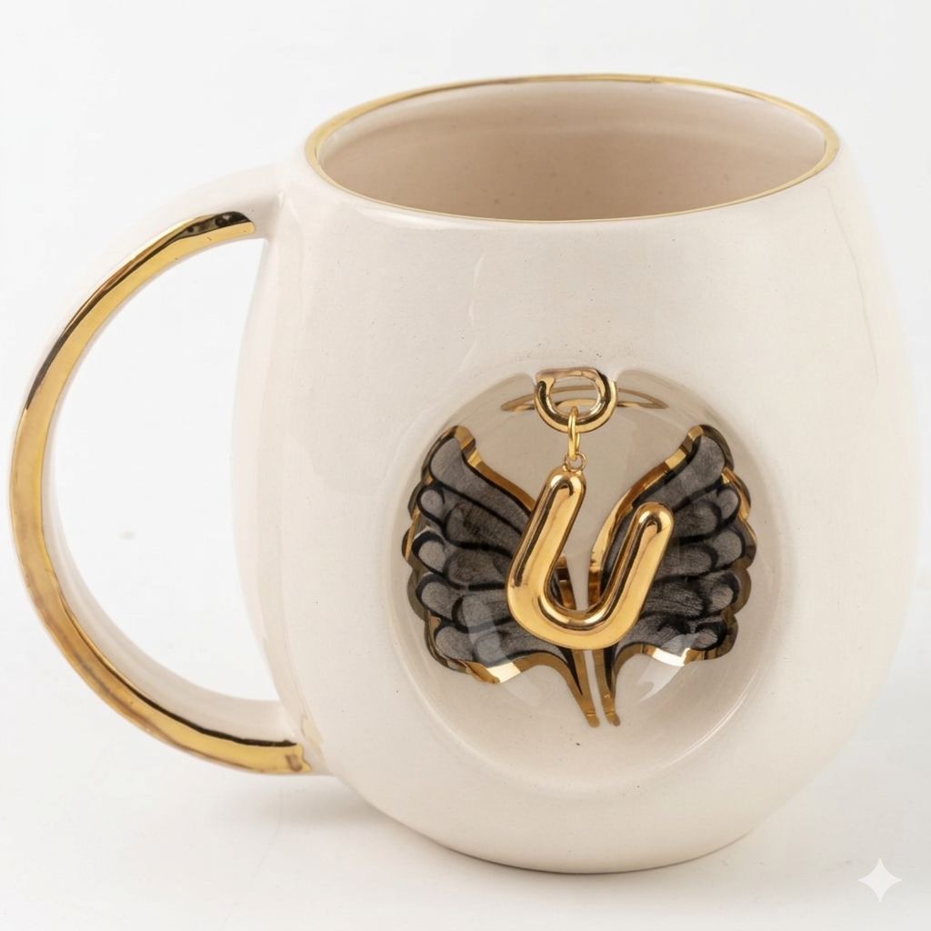 White porcelain mug featuring a gold letter charm with black angel wing emblem, 230 ml