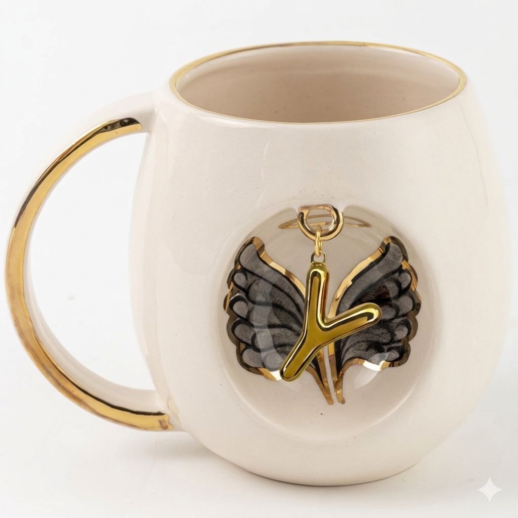 Porcelain mug with gold handle and rim, angel wing motif, gold letter pendant