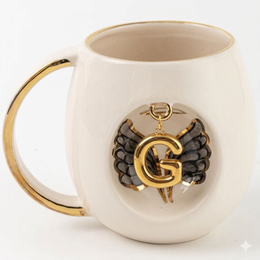 White porcelain mug with gold handle, black angel wings, and gold letter G pendant emblem.