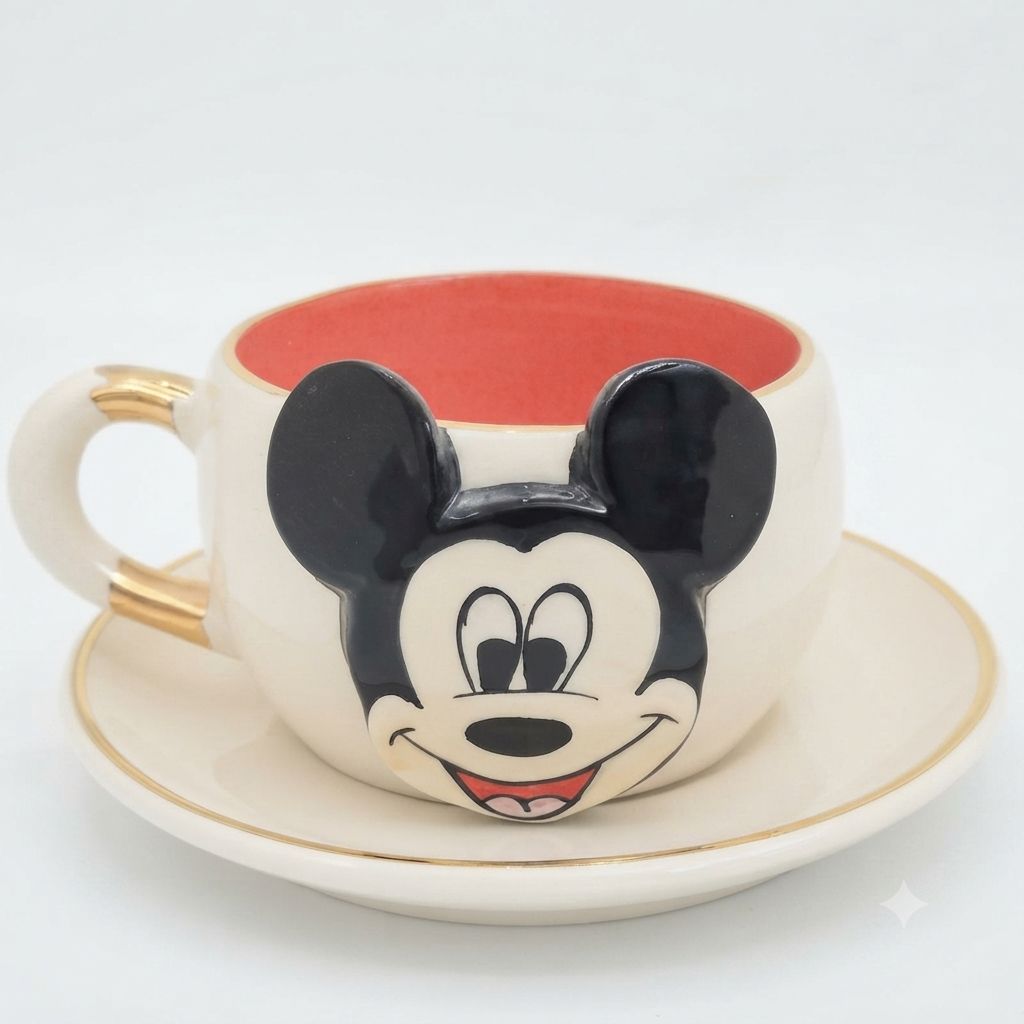 Red Mickey Mouse tea mug and saucer set, white mug with gold handle and black ears