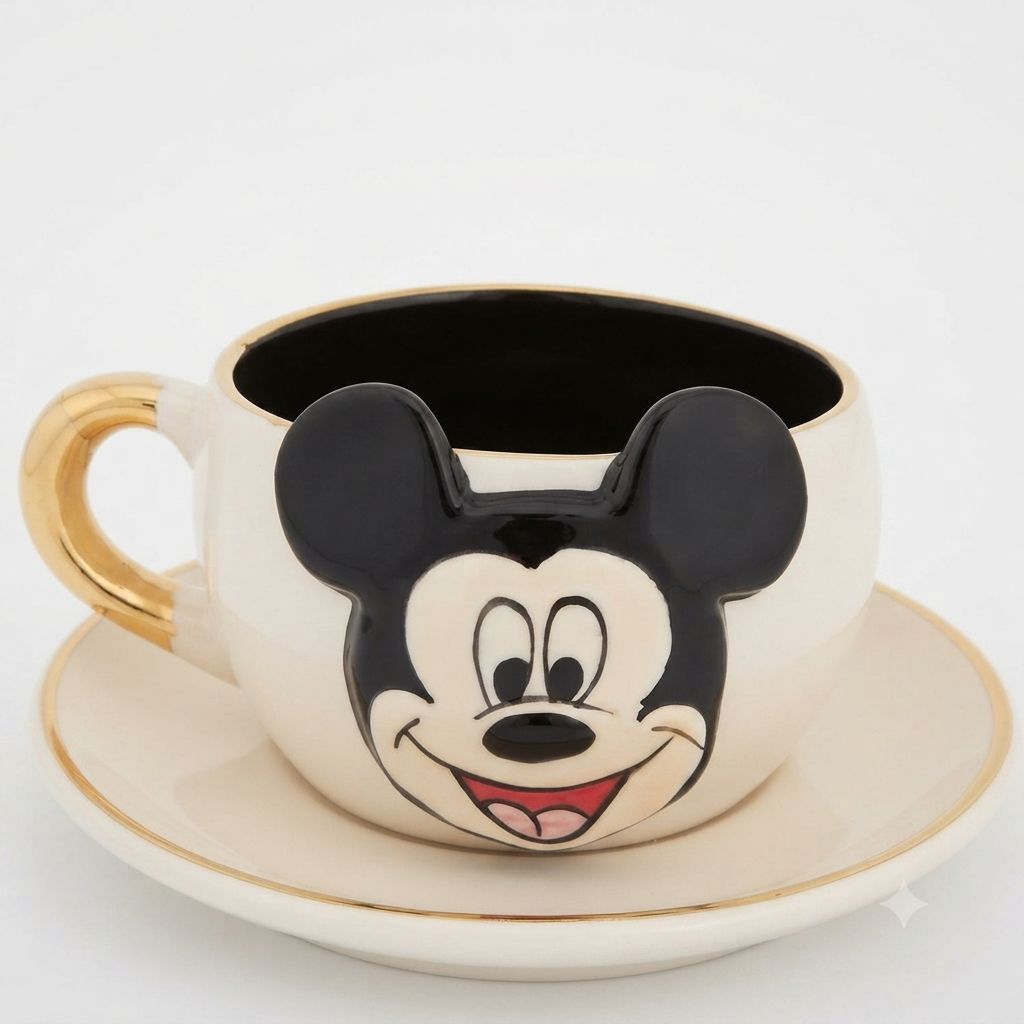 Tea cup and saucer set with Mickey Mouse graphic, cream mug, black interior, gold trim