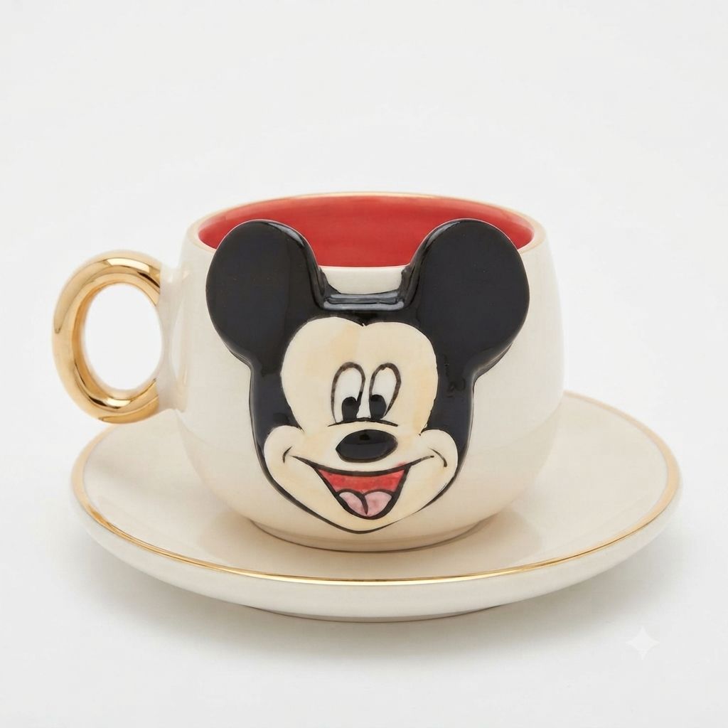 Red Mickey Mouse coffee cup and saucer set, white ceramic with Mickey face and gold handle