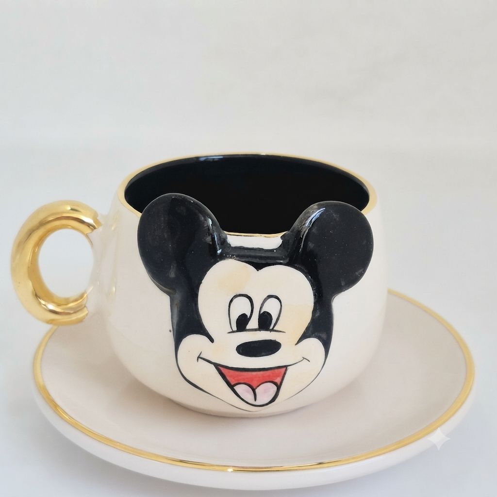 Black Mickey Mouse coffee cup with Mickey face, gold handle, matching saucer.