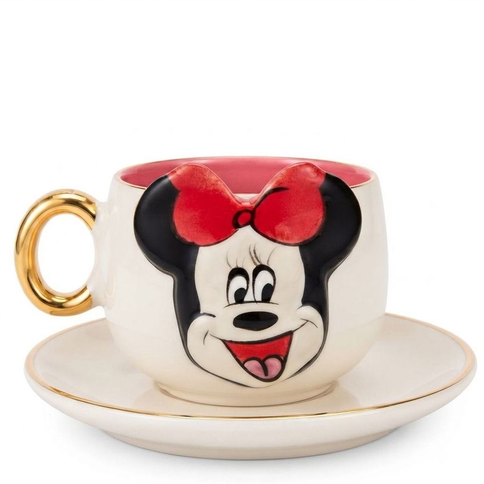 Red Minnie Mouse coffee cup and saucer with gold handle, Minnie face and bow.