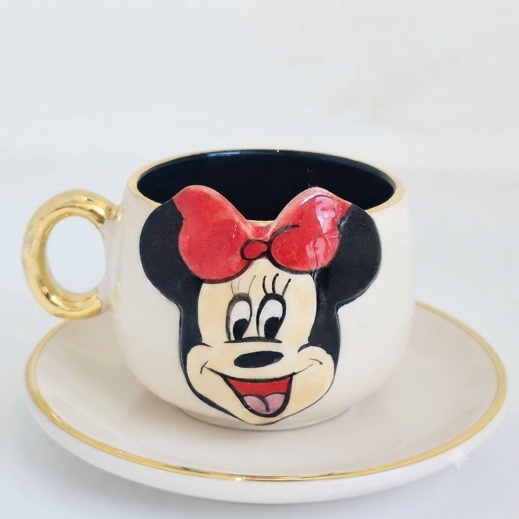 White Minnie-themed coffee cup with black interior, red bow, gold handle and saucer
