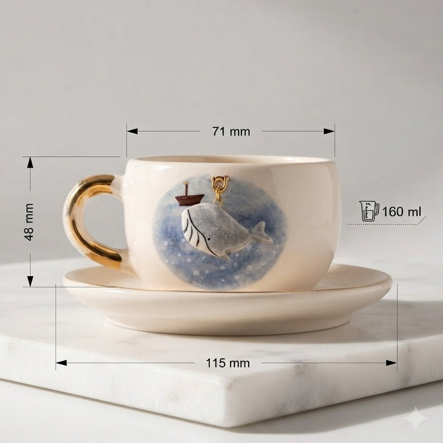 Porcelain tea mug with blue whale scene and gold accents, 160 ml capacity