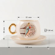 Porcelain coffee cup & saucer, white with gold handle and kingfisher print