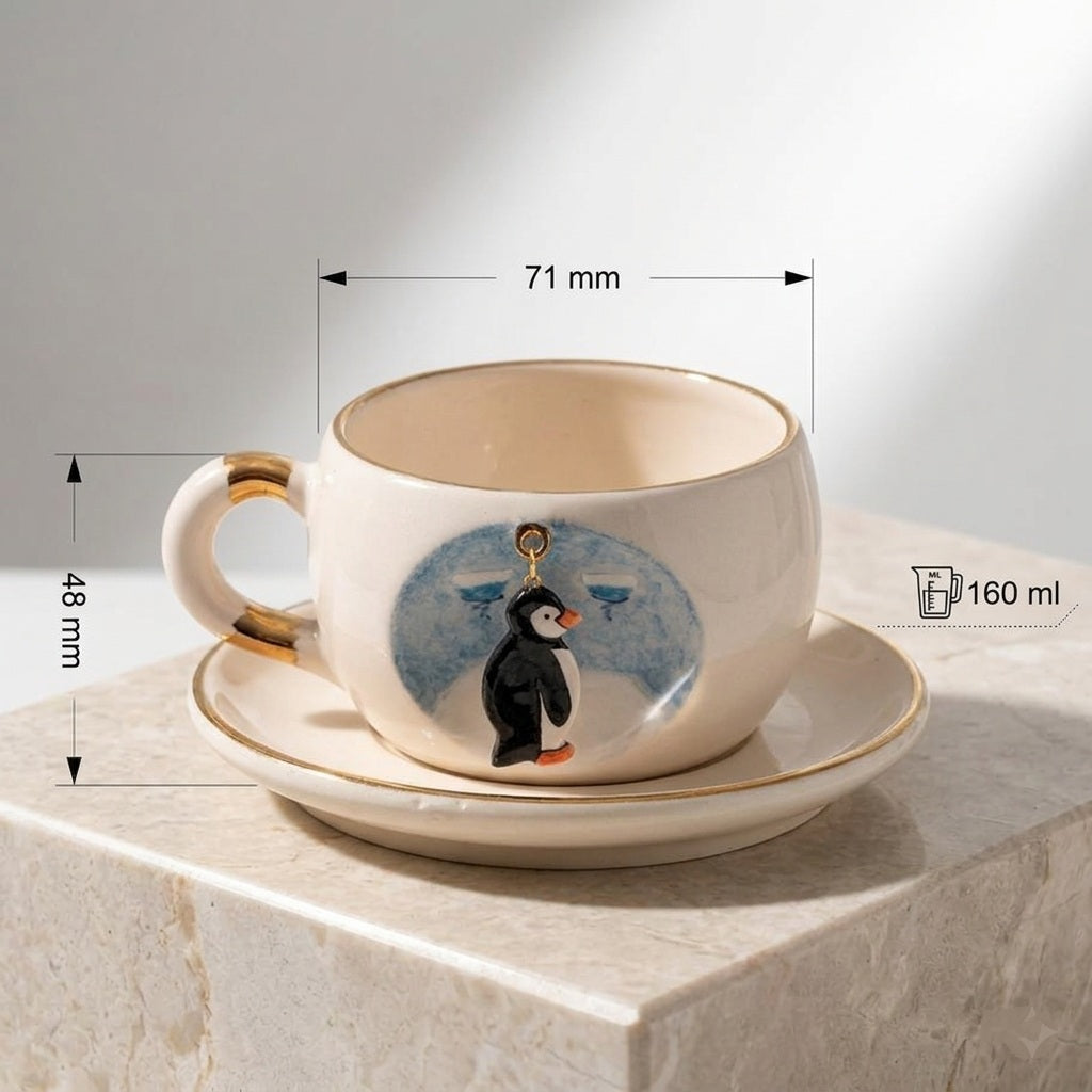 Porcelain tea mug and saucer with penguin illustration, 160 ml capacity