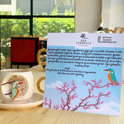 Kingfisher coffee cup set, white ceramic cups with gold accents and kingfisher bird decal