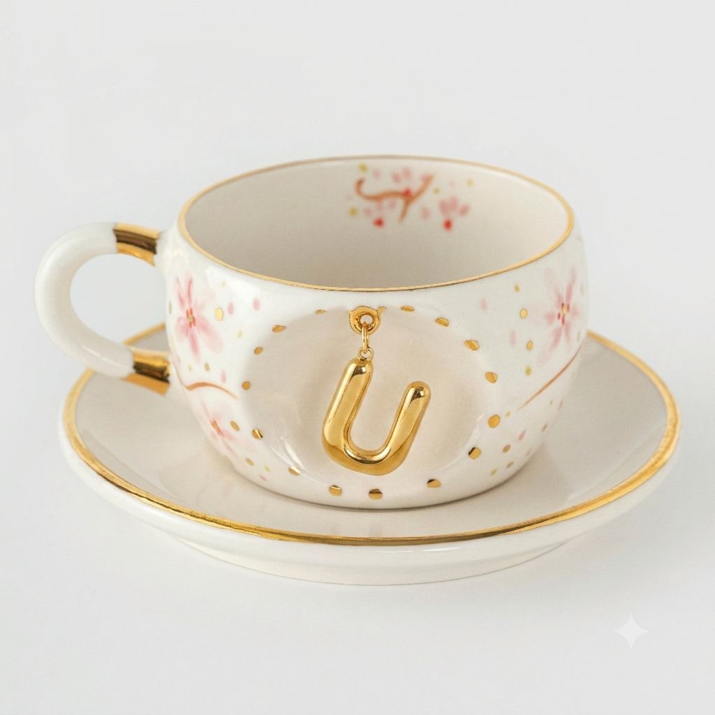 Porcelain letter mug with saucer, gold U charm and delicate floral detail