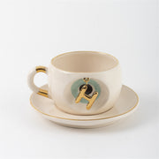 Cream tea mug set with gold letter H charm and saucer, Nile green accents