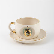 Cream tea mug set with gold letter C charm and saucer, Nile green accents