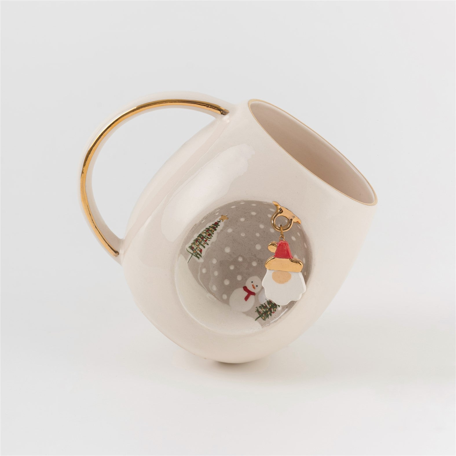 White ceramic mug with gold handle, Father Christmas design on side