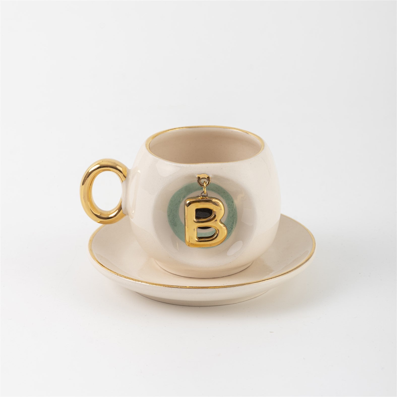 Turkish coffee cup & saucer, white with gold handle, teal letter B charm
