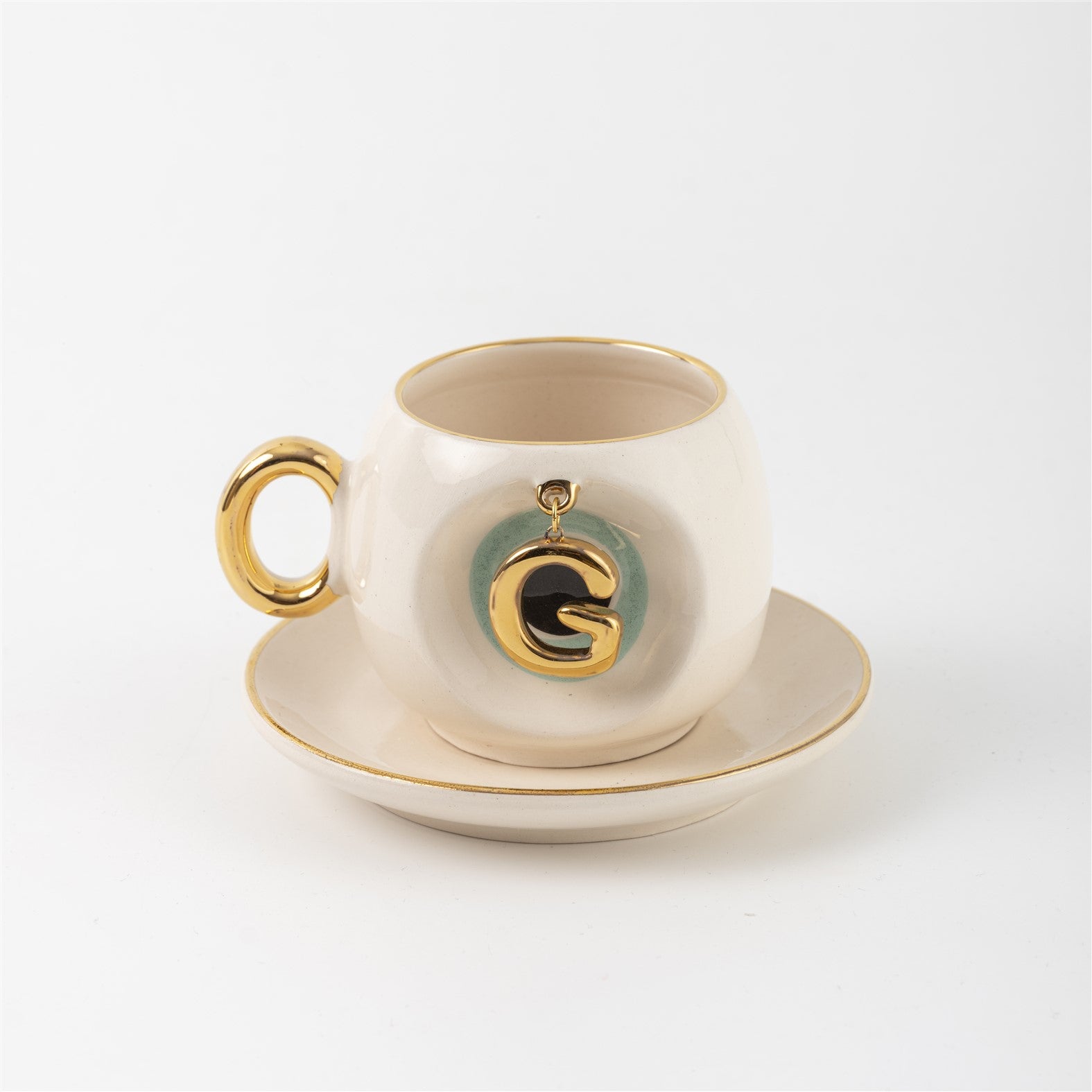 Turkish coffee cup & saucer, white with gold handle, teal letter G charm