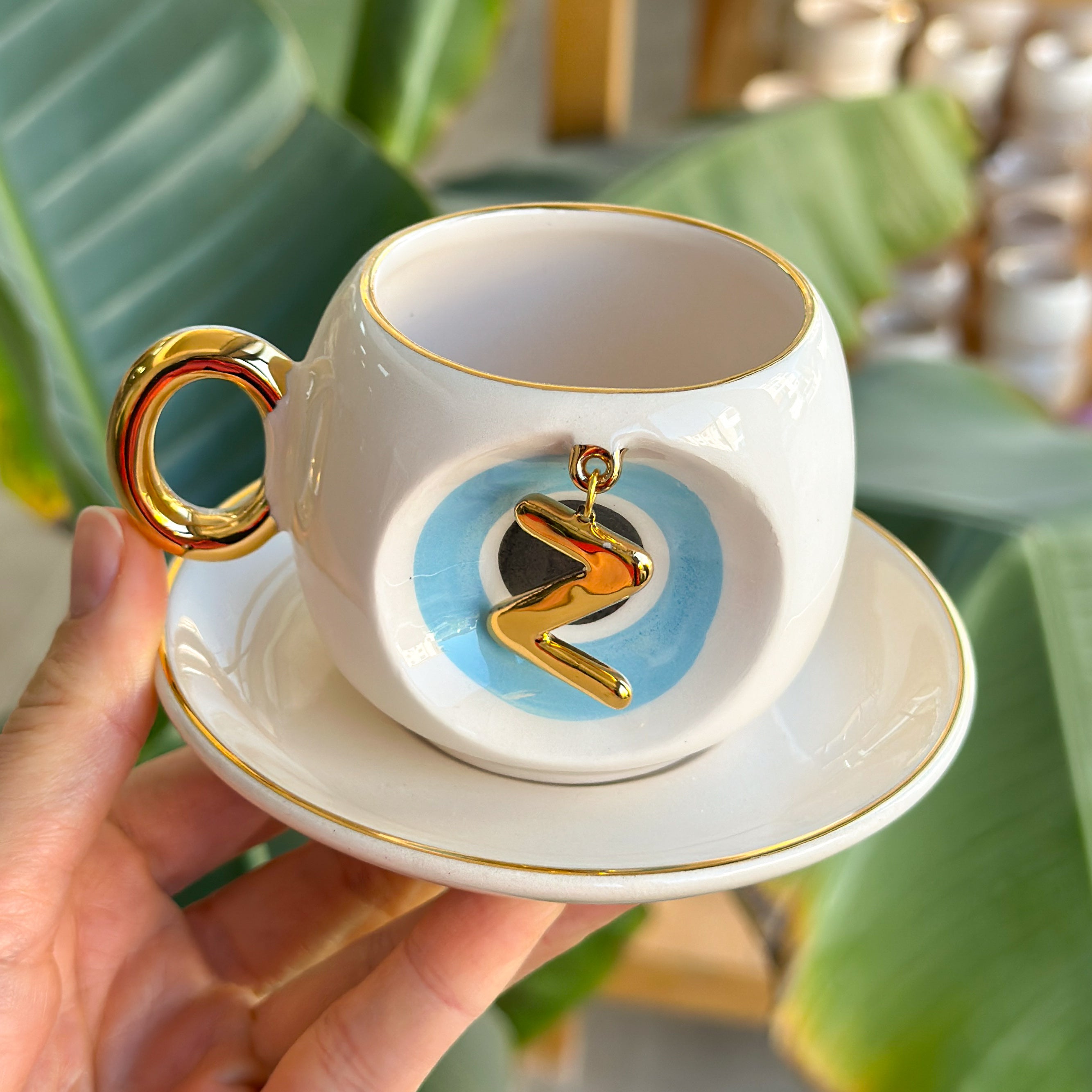 Nazar Tea Turkish Coffee Cup Blue with Letter