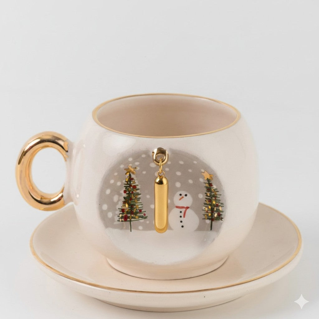 Porcelain coffee cup with saucer; gold letter I winter scene with snowman