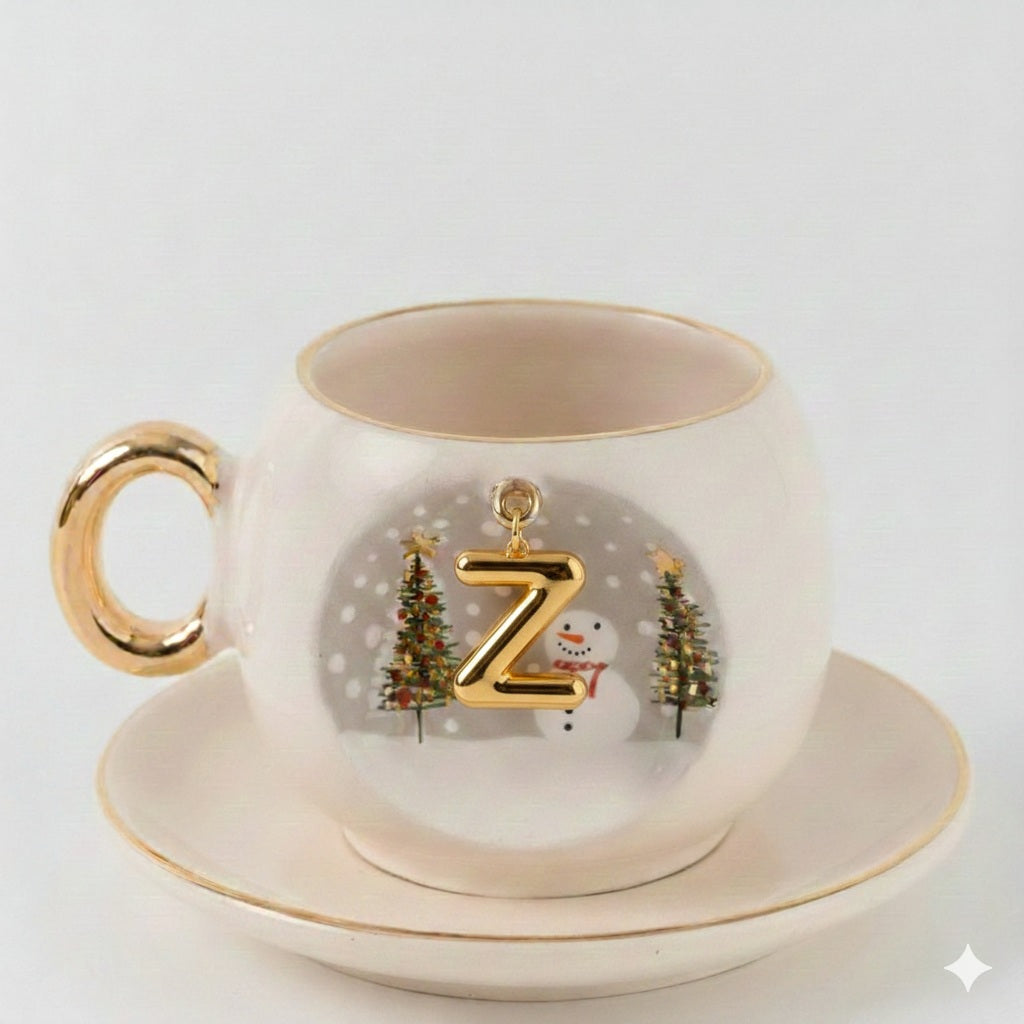 Porcelain coffee cup and saucer set, gold handle, letter Z holiday ornament